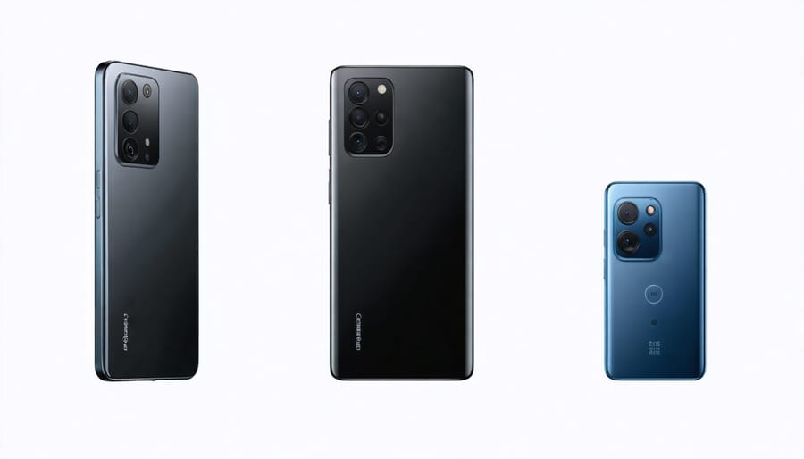 Customers comparing smartphones at electronics retail store display