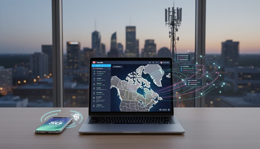 Smartphone showing cellular connection with Canadian urban landscape in background