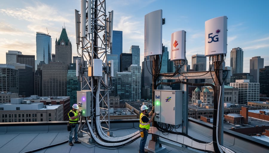 Telecommunications tower with Canadian maple leaves in foreground