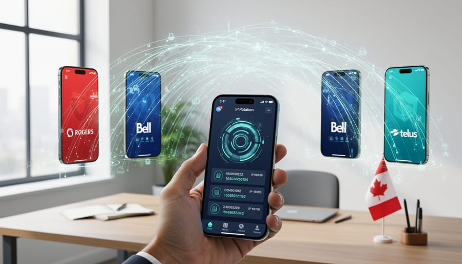 Smartphone showing network connectivity with Canadian city skyline in background