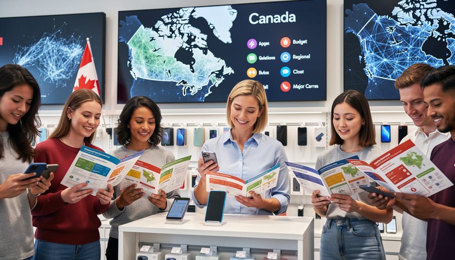 Group of people comparing mobile phones and discussing carrier options
