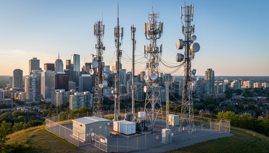 Aerial view of telecommunications tower with antenna arrays on rural hilltop