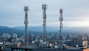 Low-angle view of three tall cell towers above an urban Canadian skyline, with smaller rooftop antennas and distant forested hills under soft overcast light.