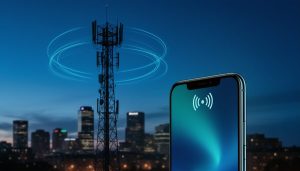Smartphone in the foreground receiving signals with a distant cell tower and blue night skyline background, representing wireless network investment and service impacts from telecom earnings.
