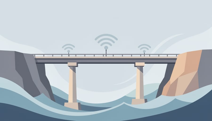 Nighttime bridge scene with steady warm lights suggesting stability