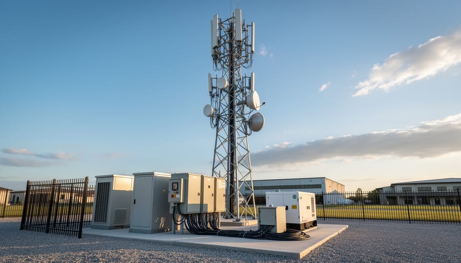 Telecom tower and surrounding fiber infrastructure under an overcast sky