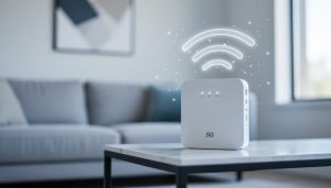 A modern 5G home internet gateway modem on a living-room table, with subtle light cues suggesting wireless connectivity.