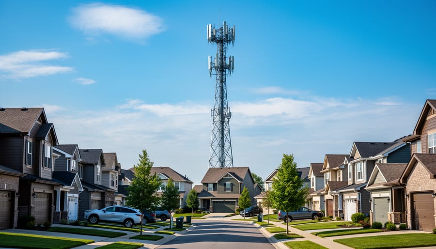 A cellular tower visible on the horizon behind a suburban neighborhood at dusk.