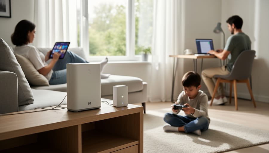 A modern gateway device and Wi‑Fi router placed on a living-room shelf inside a home.