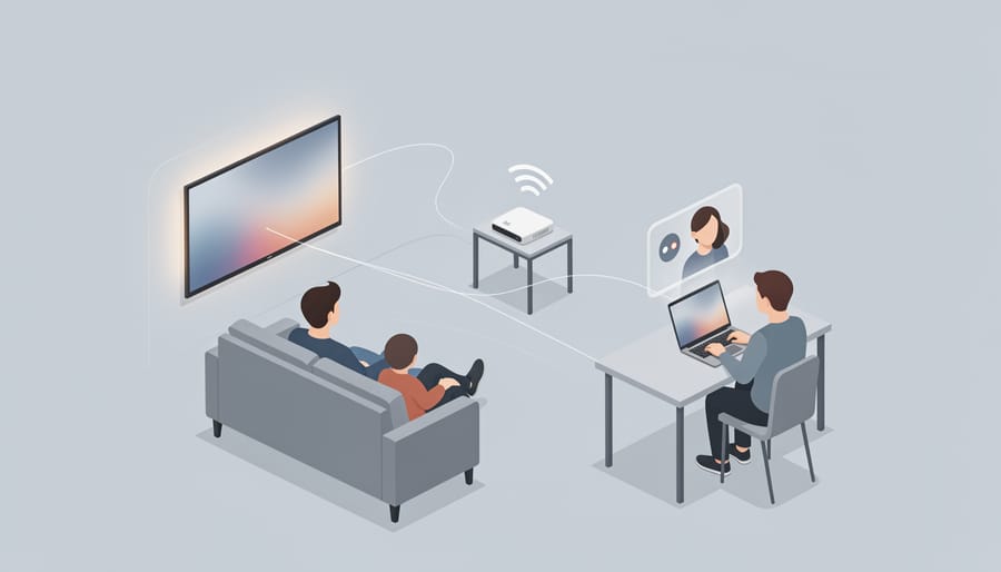 A person using a laptop and a living-room TV for video streaming and a video call.