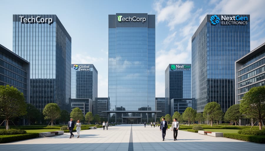 Exterior of a large technology company headquarters with glass facade reflecting the sky