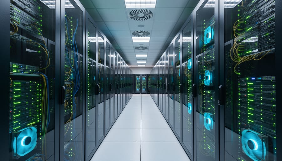 Inside a data center with server racks and illuminated equipment rows