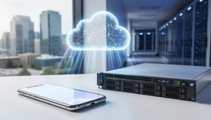 “Modern workspace showing a smartphone and illuminated server racks connected by glowing cloud-like light beams.”