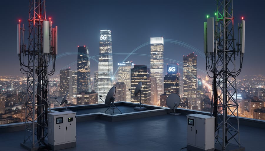 Cellular tower silhouette with a glowing city skyline at night