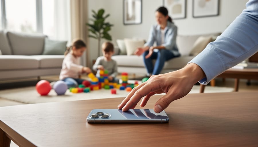 Adult places a smartphone face down on a table while family members sit nearby, suggesting responsible control