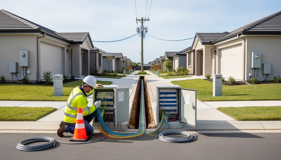 Fiber optic cable installation near a Canadian residential street curb and home exterior conduit