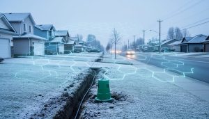 Fiber optic infrastructure in a Canadian suburban landscape with a subtle glowing hexagonal coverage overlay indicating internet availability zones.