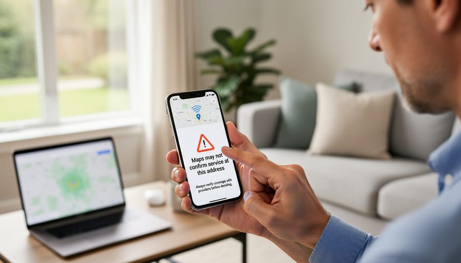 Person standing on a Canadian front porch holding a smartphone to check internet availability