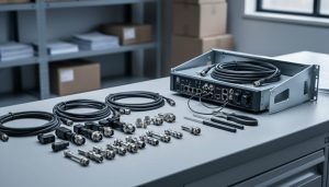 Telecom connectors and cables arranged on a workstation with an empty shelf in the background, illustrating limited TEC-9 accessory availability in Canada.